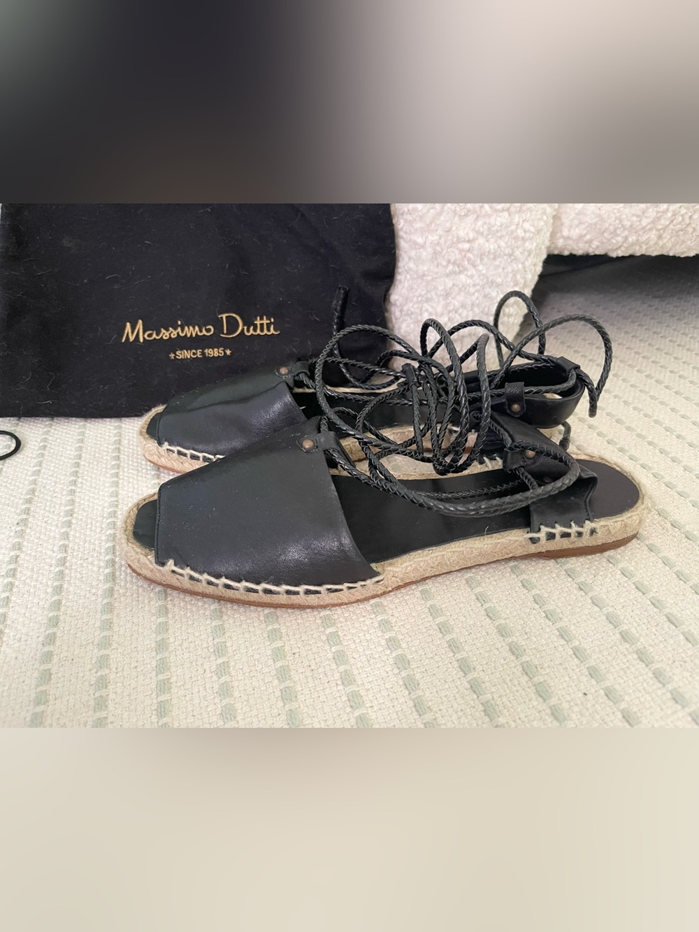 Massimo Dutti Black Leather Espadrille Lace-Up Flats Sandals